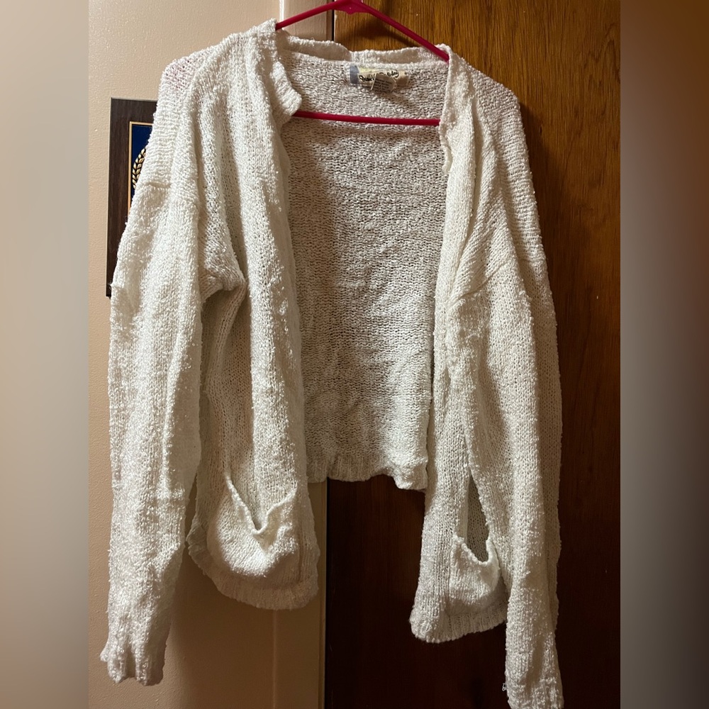 White Textured Knit Cardigan Sweater